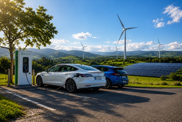 Electric vehicle plugged into a charging station